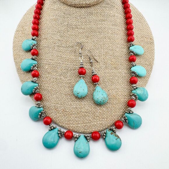 Turquoise & Red Coral Beaded Necklace Set Teardrop Toggle Earrings Southwestern - Picture 10 of 16
